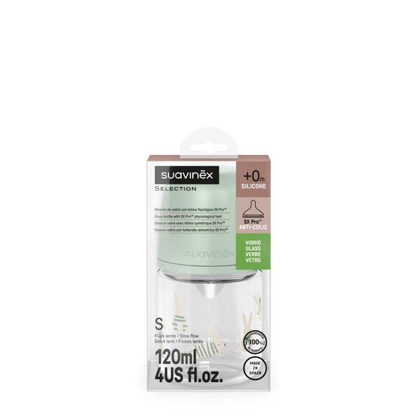 Suavinex Стеклянная бутылочка для кормления, 120ml Bunny Green - Suavinex